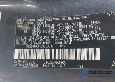 2008 Toyota Sequoia Sr5 5.7L V8 из США, поврежденный, VIN 5TDBY64A18S003618